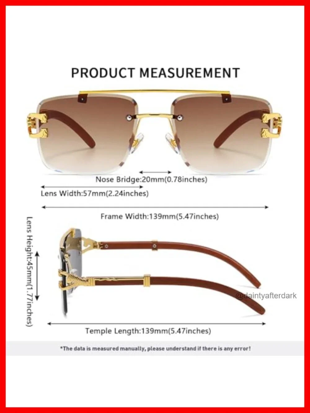 Oversized Rimless Square Sunglasses Retro Imitation Wooden Frame UV400